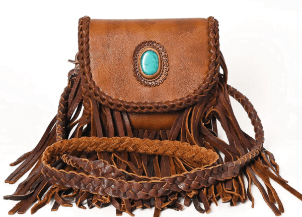 Full Leather american Darling Cross Body Bag with Turquoise Stone and fringe