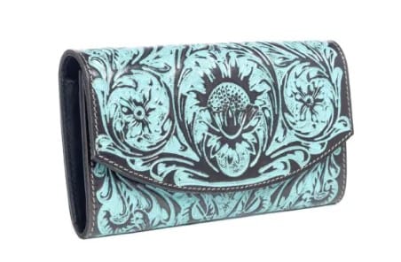 Aqua and black leather tooled womens wallet