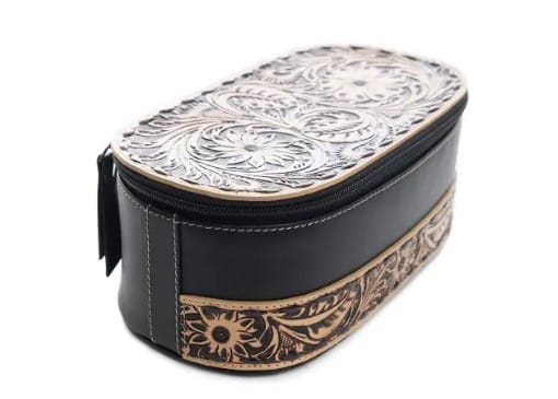 Black and tooled leather Make up bag